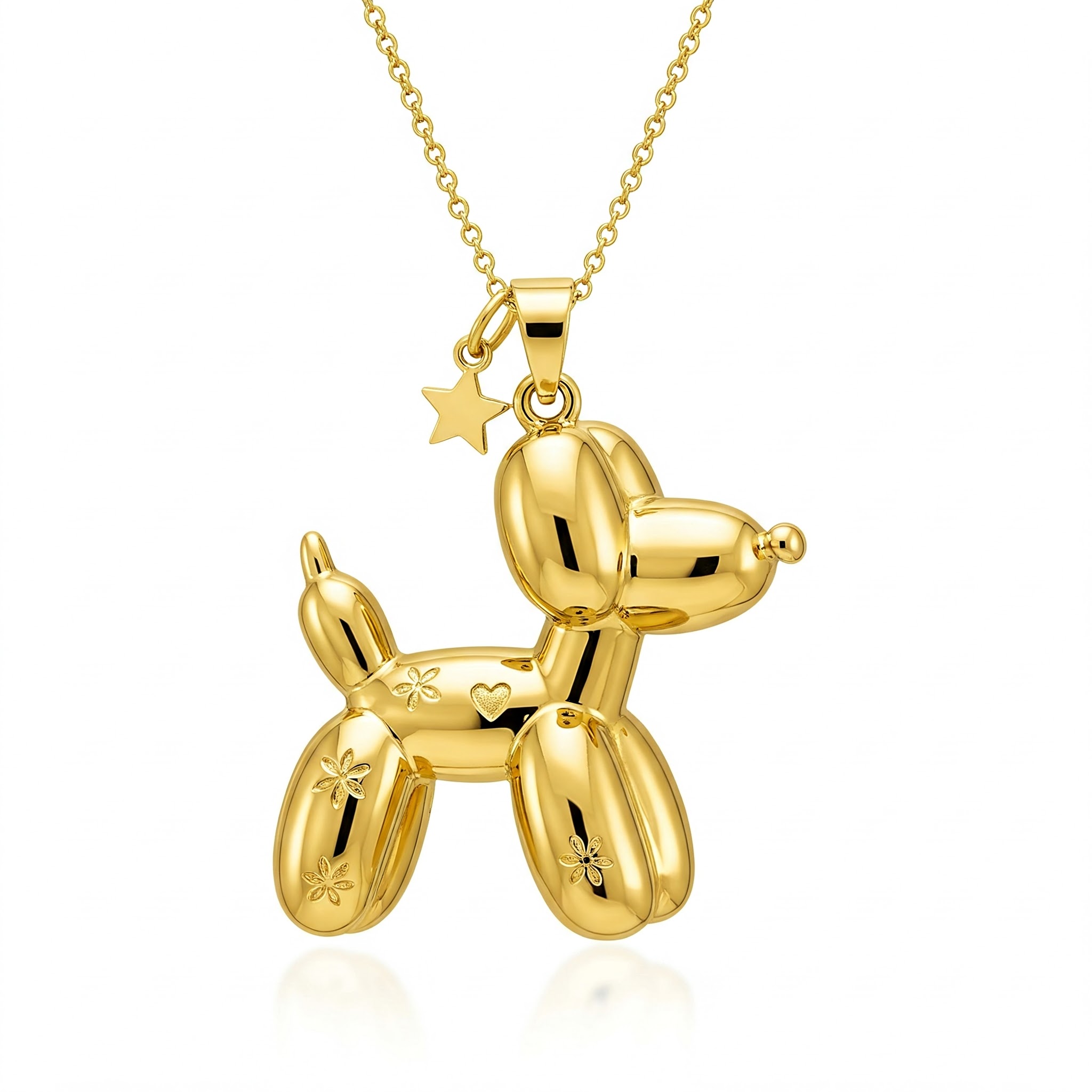 Gold Balloon Dog Pendant Necklace - Stainless Steel with Flower and Heart Engravings